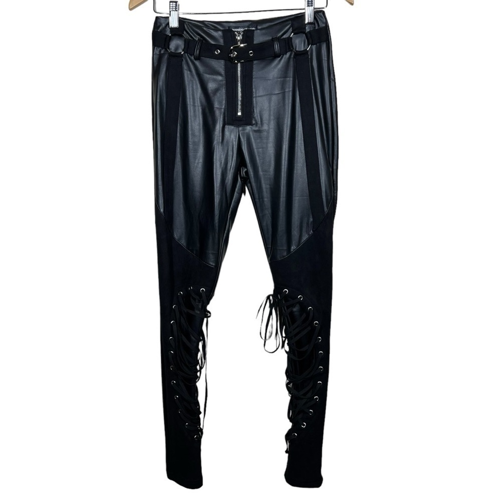 Maniere De Voir Womens Black Faux Leather Leggings Pants Lace Up Goth Size 8